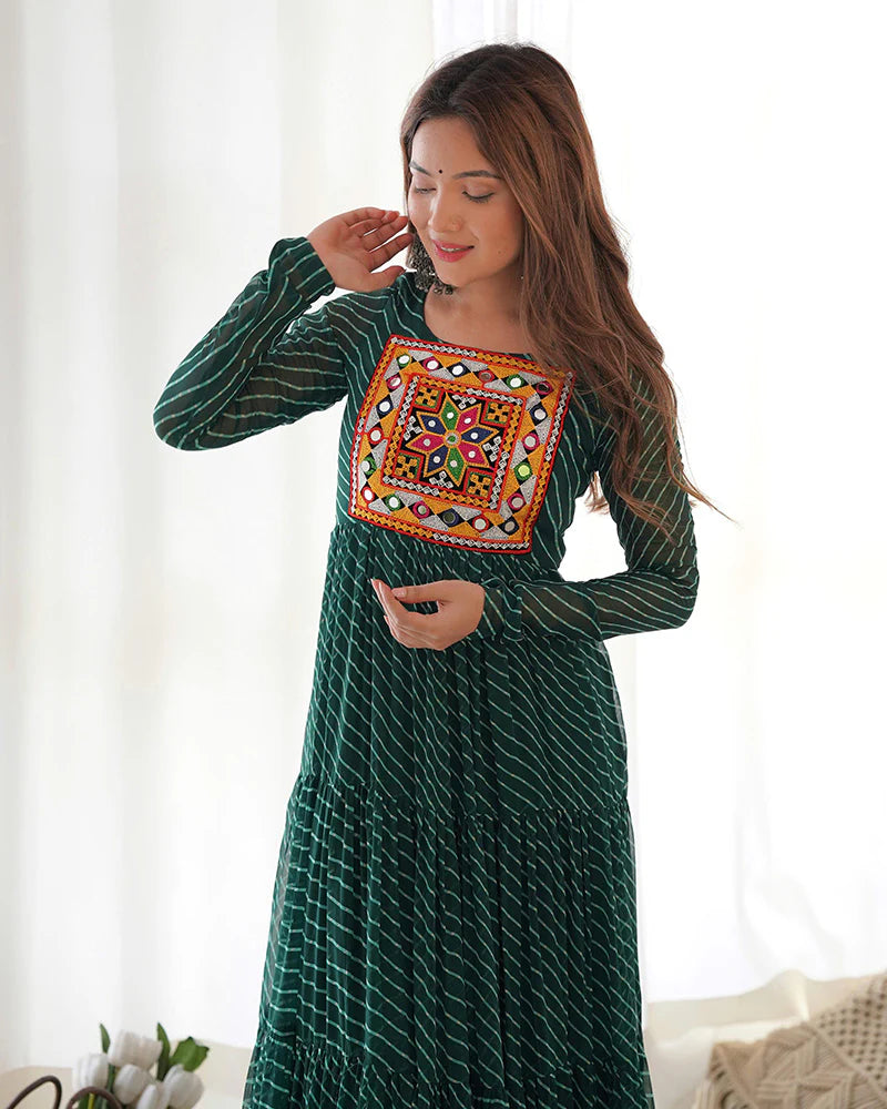 Womenline Green Color Georgette Laheriya Print Navratri Gown