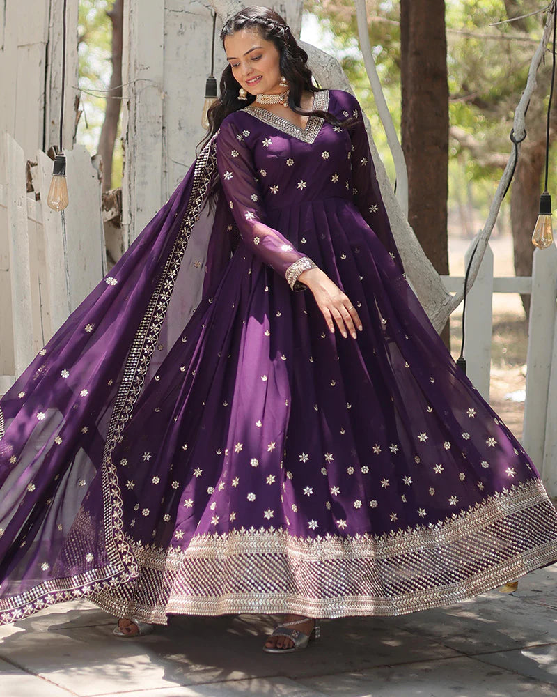 Womenline Designer Purple Color Faux Blooming Embroidered Gown