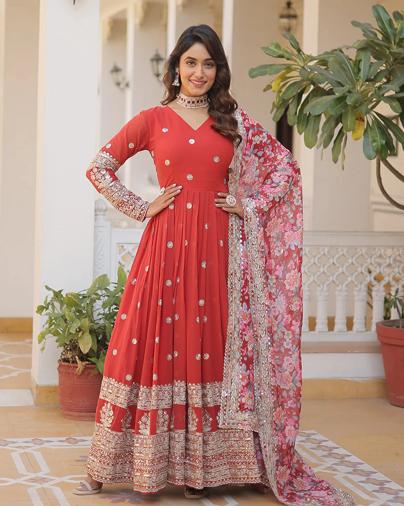 Womenline Red Color Faux Georgette Designer Gown With Dupatta
