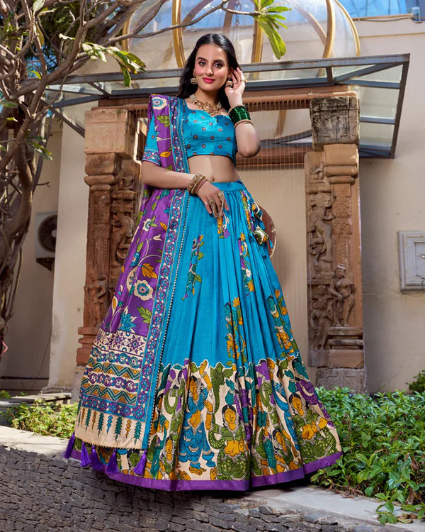 Womenline Firozi Color Tussar Silk Kalamkari Printed Half Saree