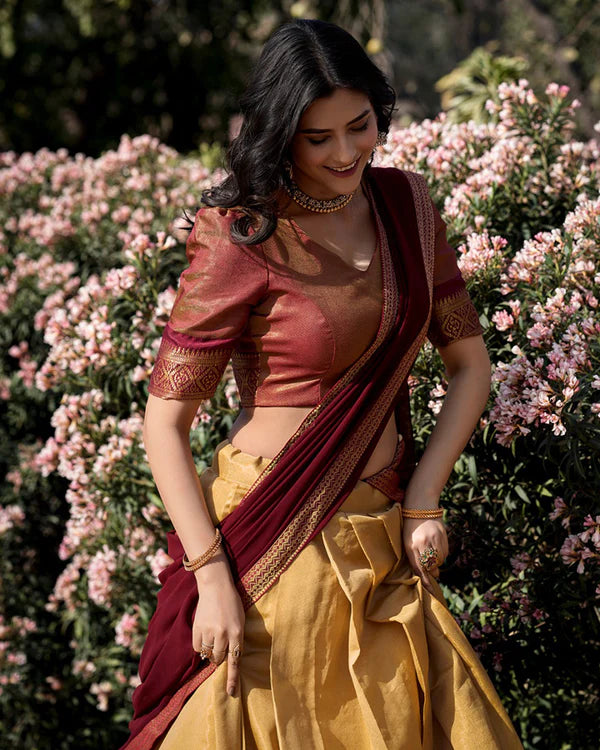 Womenline Cream Color Kanchipuram Silk Designer Half Saree