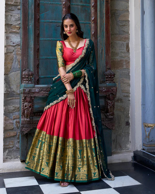 Womenline Red Color Narayan Pattu Silk Designer Half Saree