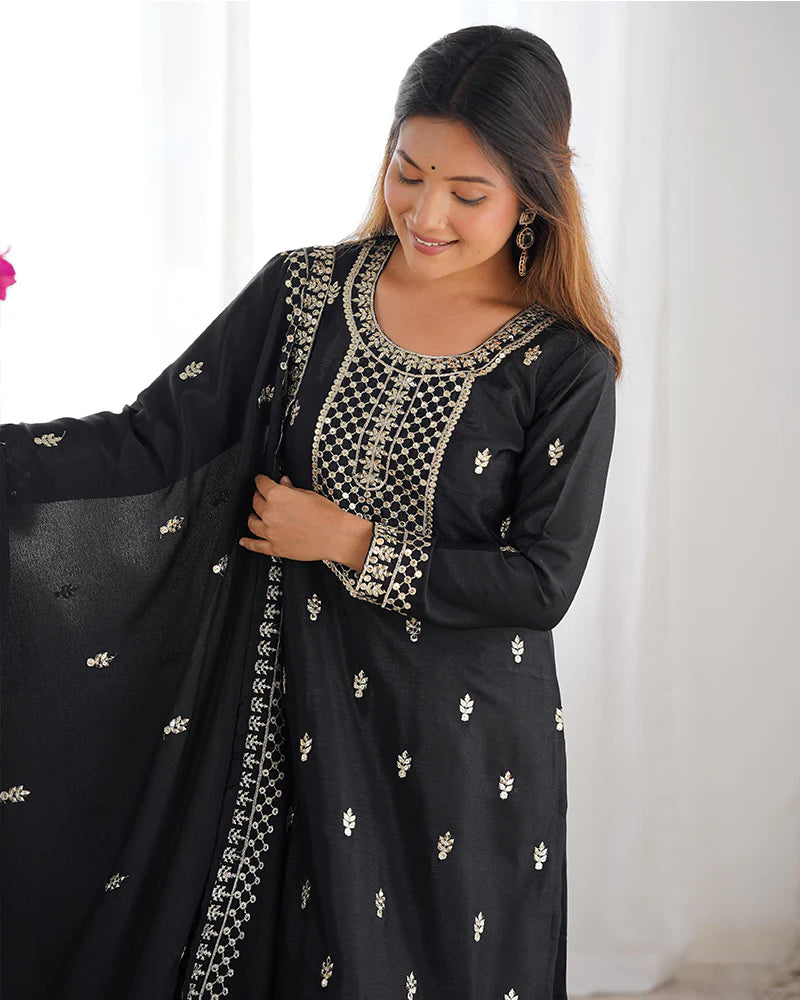 Womenline Black Color Chinon Silk Three Piece Kurti Suit