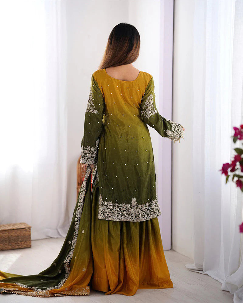 Womenline Mehndi Color Chinnon Sequence Work Plazzo Suit