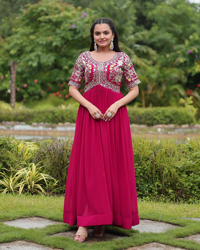 Womenline Rani Pink Color Faux Blooming Embroidered Gown