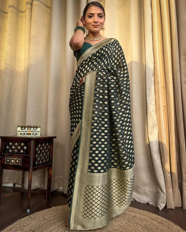 Womenline Beautiful Green Color Banarasi Jacquard Weaving Saree