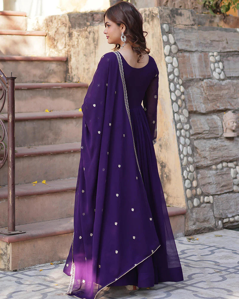 Womenline Purple Color Faux Blooming Embroidered Gown With Dupatta