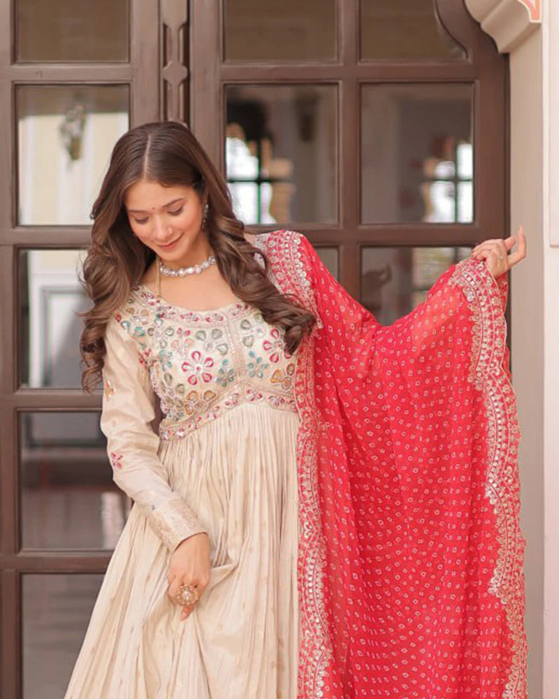 Womenline Off-White Color Jacquard Gown With Red Dupatta