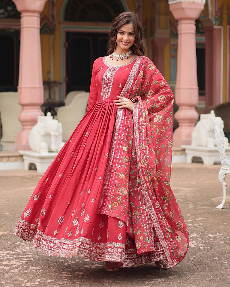 Womenline Maroon Color Chinnon Sequence Embroidered Gown