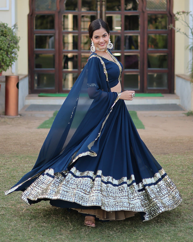 Womenline Rama Color Georgette Sequence Embroidery Lehenga Choli