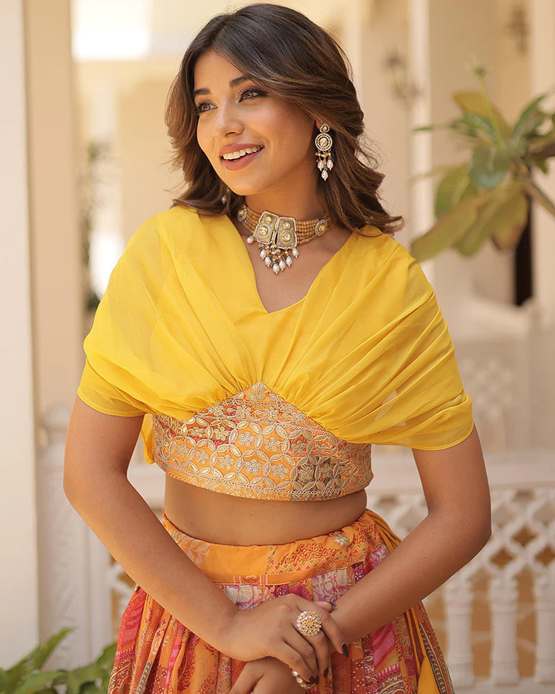 Womenline Yellow Color Designer Russian Silk Embroidery Crop Top Lehenga Choli