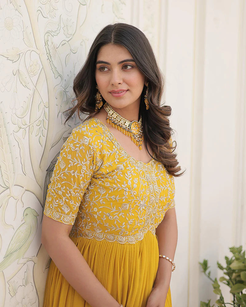 Womenline Yellow Color Faux Blooming Zari sequence Embroidered Gown