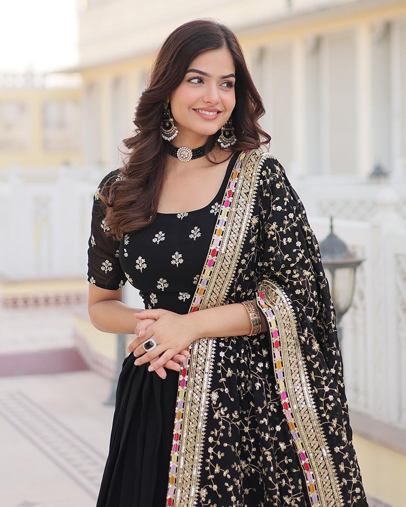 Womenline Black Color Georgette Sequence Embroidered Lehenga Choli