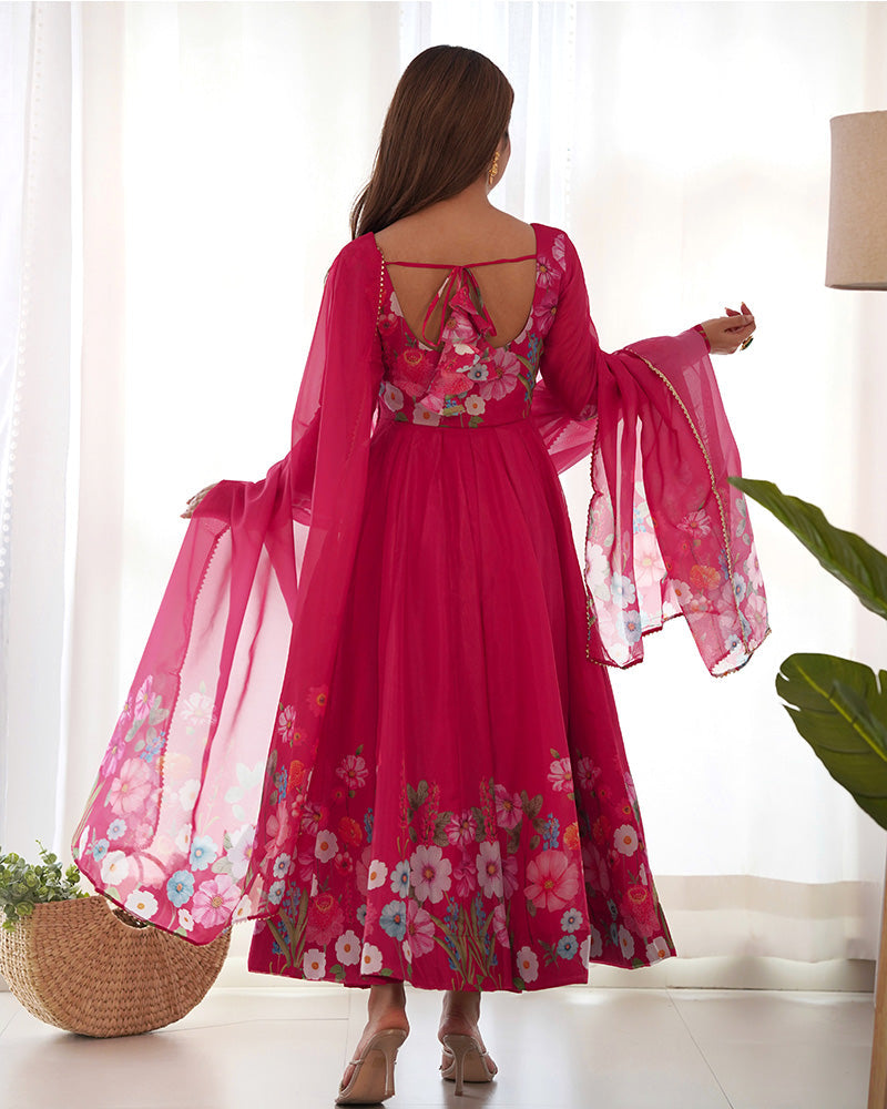 Womenline Rani Pink Color Floral Print Organza Three Piece Anarkali Suit
