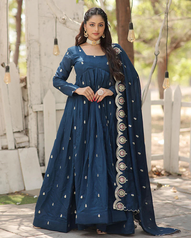 Womenline Rama Color Vichitra Shimmer Sequence Embroidered Gown