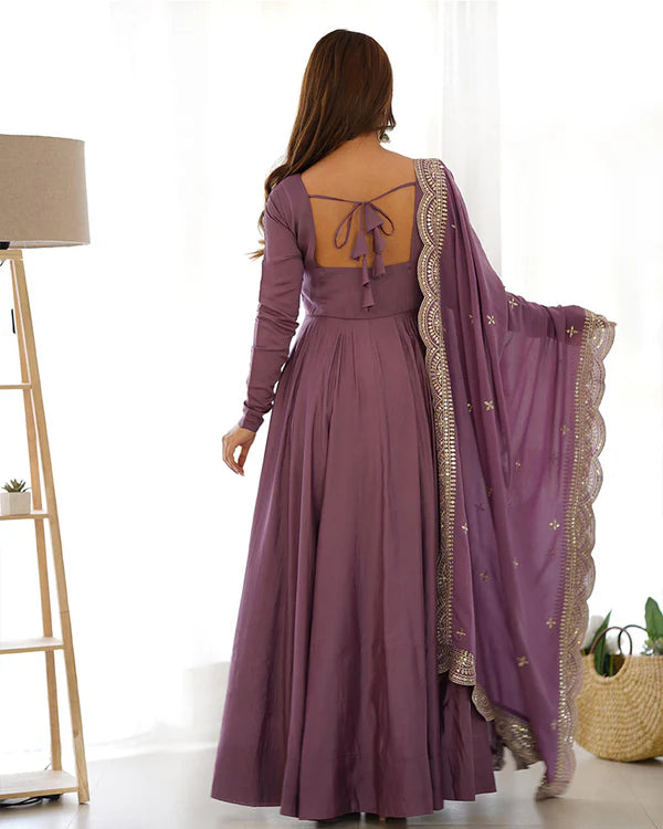 Womenline Onion Color Pure Chanderi Silk Three Piece Anarkali Suit