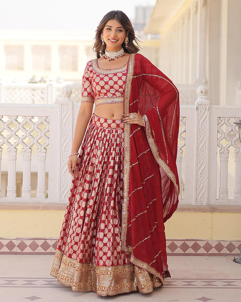 Womenline Red Color Pure Viscose Jacquard Lehenga Choli