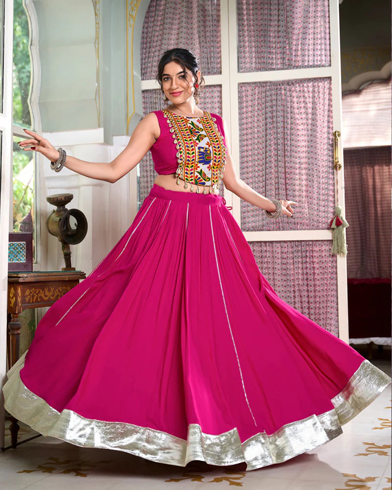 Womenline Pink Color Rayon Navratri Cowrie Touch Up Lehenga Choli