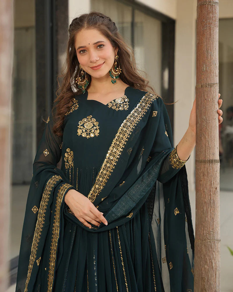 Womenline Deep Teal Green Color Designer Golden Embroidered Gown
