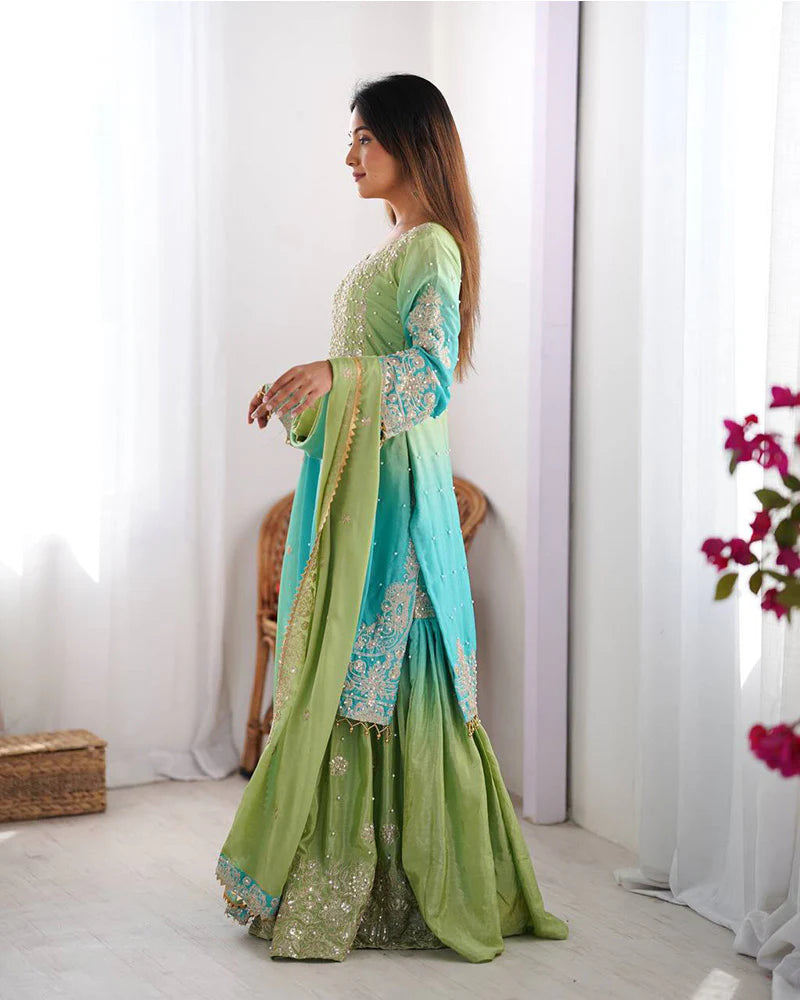 Womenline Pista Green Color Chinnon Sequence Work Plazzo Suit