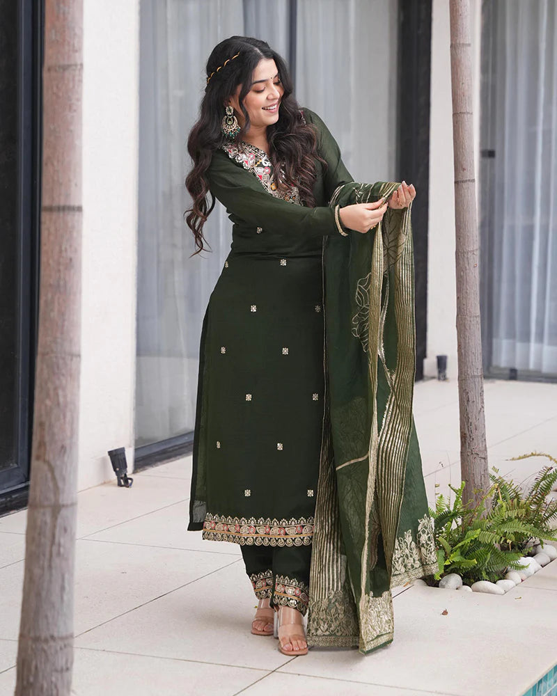 Womenline Green Color Roman Silk Embroidered Three Piece Kurti Suit