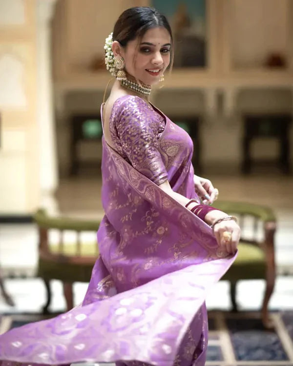 Womenline Lavender Color Banarasi Jacquard Zari Weaving Saree