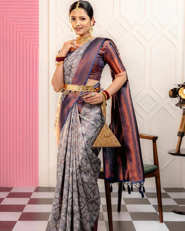 Womenline Sky Color Banarasi Jacquard Soft Silk Saree