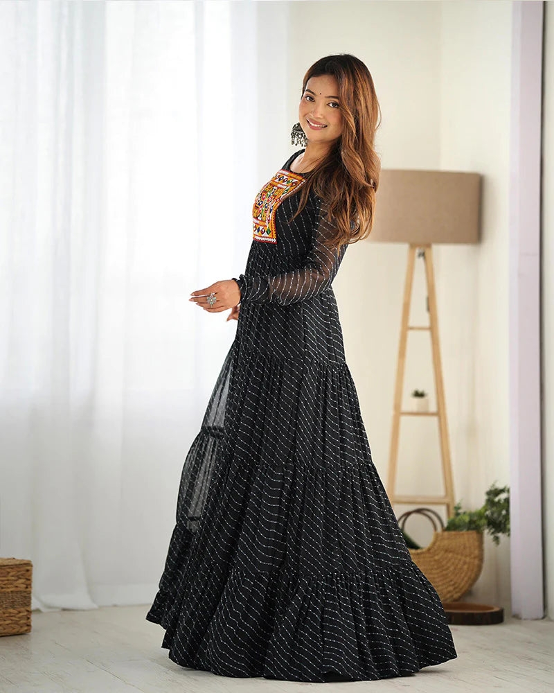 Womenline Black Color Georgette Laheriya Print Navratri Gown
