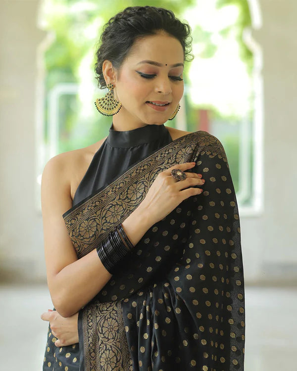 Womenline Black Color Banarasi Jacquard Soft Silk Saree