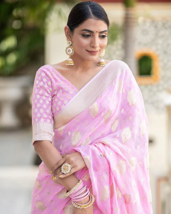 Womenline Baby Pink Color Banarasi All over Jacquard Soft Silk Saree