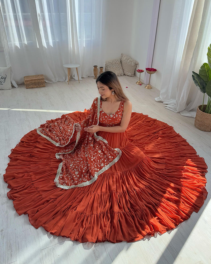 Womenline Orange Color Georgette Five Layer Ruffle Style Anarkali Suit