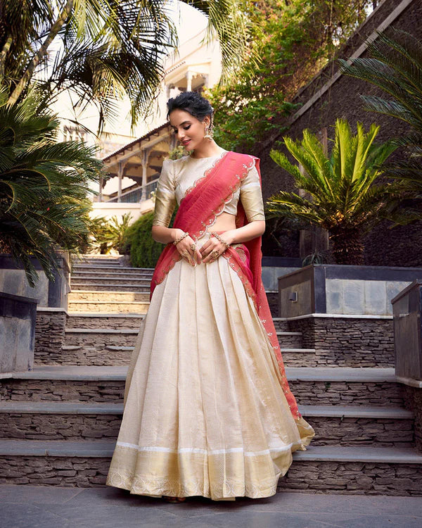 Womenline Off-White Color Jacquard Chex Half Saree