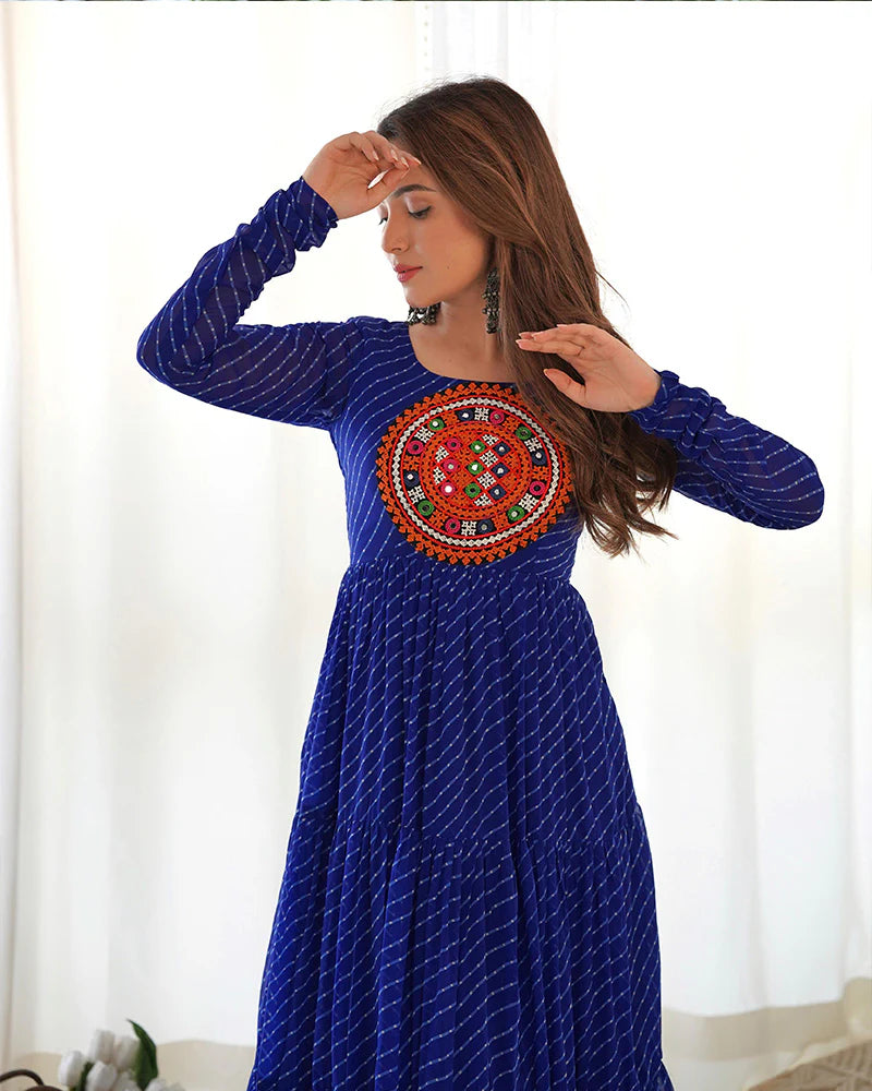 Womenline Royal Blue Color Georgette Laheriya Print Navratri Gown