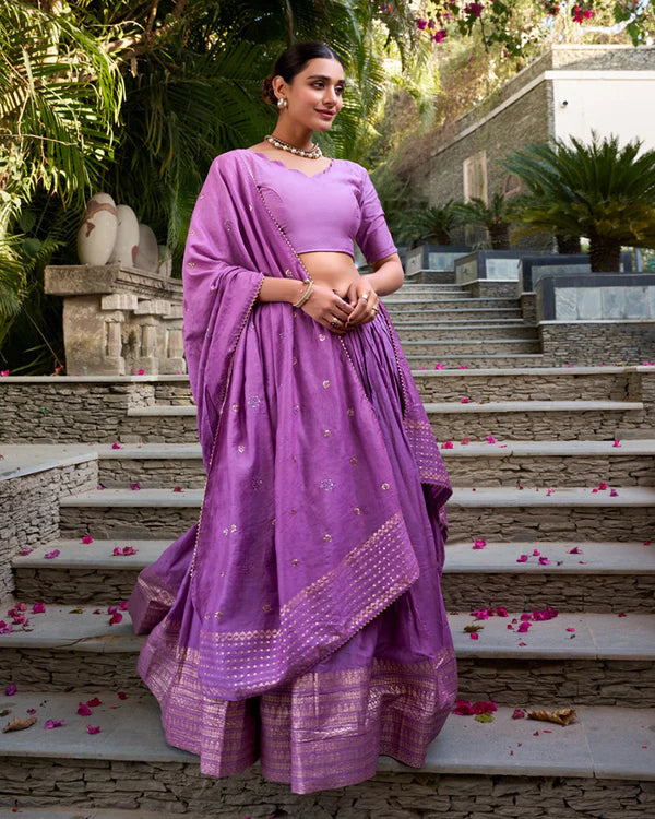 Womenline Purple Color Pure Chanderi Plain Navratri Half Saree