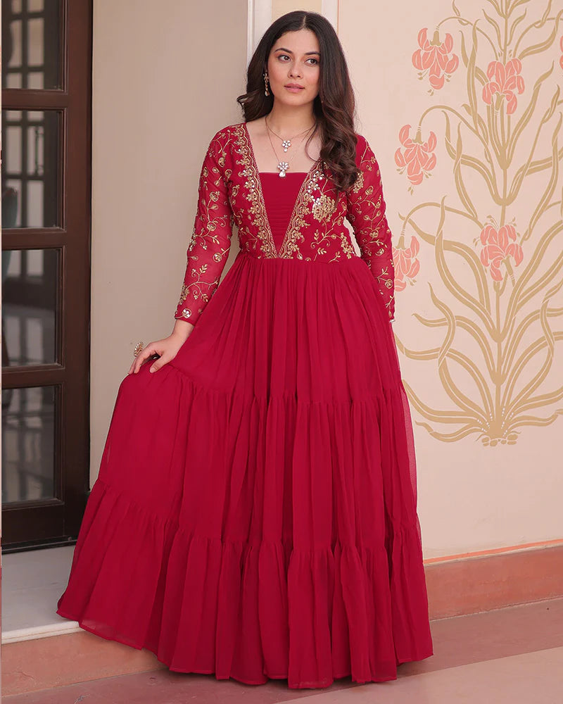 Womenline Elegant Rani Pink Floor-Length Gown With Golden Threadwork