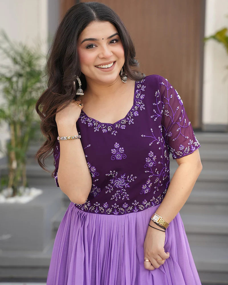 Womenline Purple Color Faux Blooming Embroidered work Gown