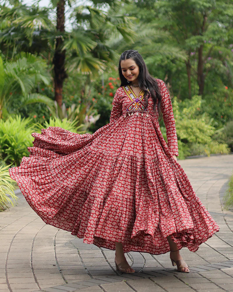 Womenline Maroon Color Cotton Gamthi Work Navratri Gown