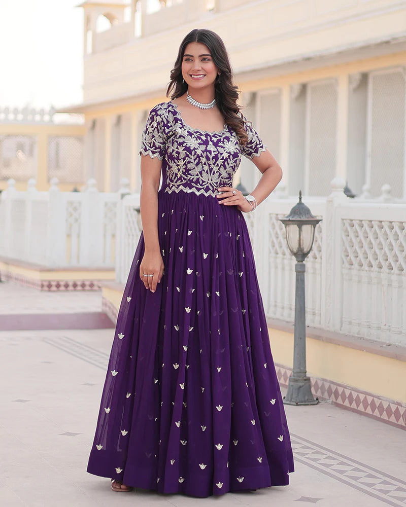Womenline Purple Color Faux Blooming Sequins Embroidered Anarkali Gown