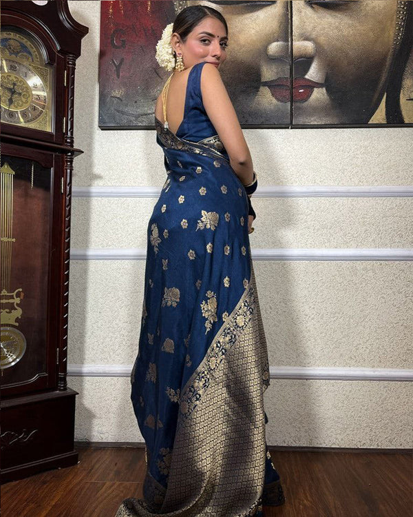 Womenline Royal Blue Color Big Flower Design Banarasi Soft Silk Saree