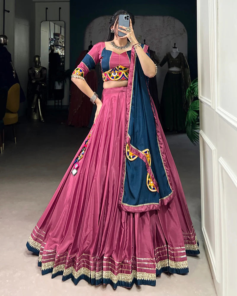 Womenline Graceful Pink And Navy Blue Silk Crape Lehenga Choli With Elegant Dupatta
