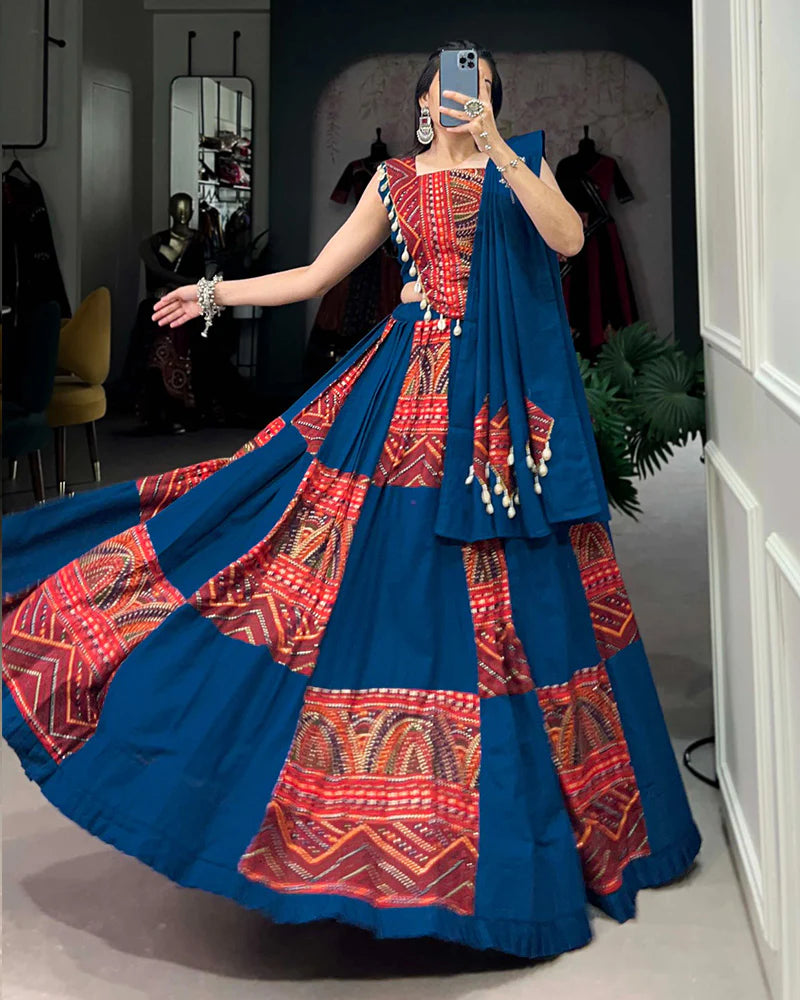Womenline Blue Color Cotton Foil Printed Navratri Lehenga Choli