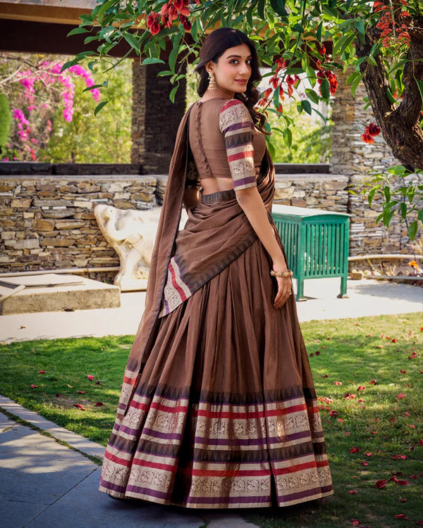 Womenline Brown Color Pure Chanderi Plain Half Saree