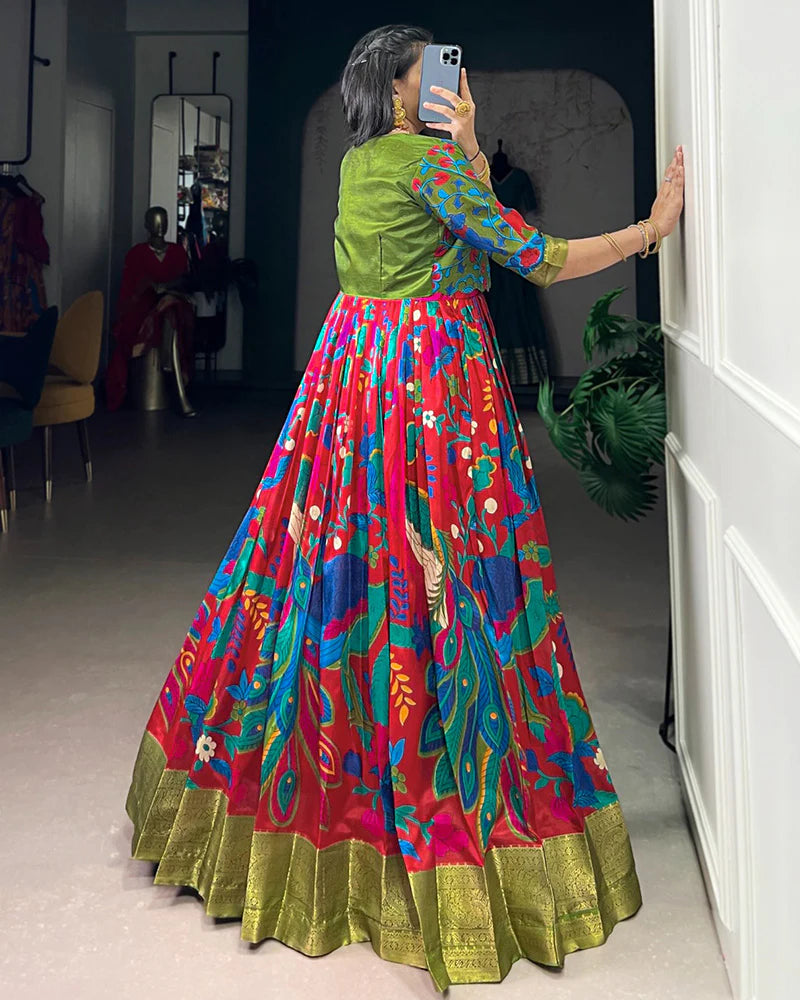 Womenline Maroon Color Tasar Silk Printed Gown With Koti