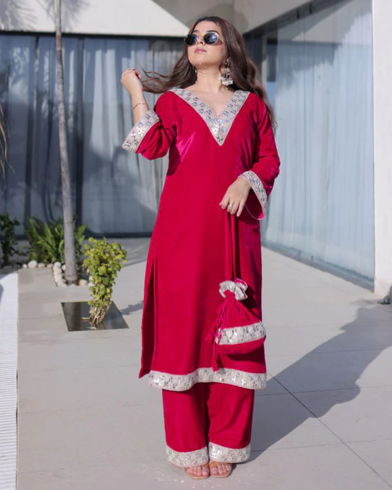Womenline Rani Pink Color Ice Velvet Embroidered Plazzo Suit