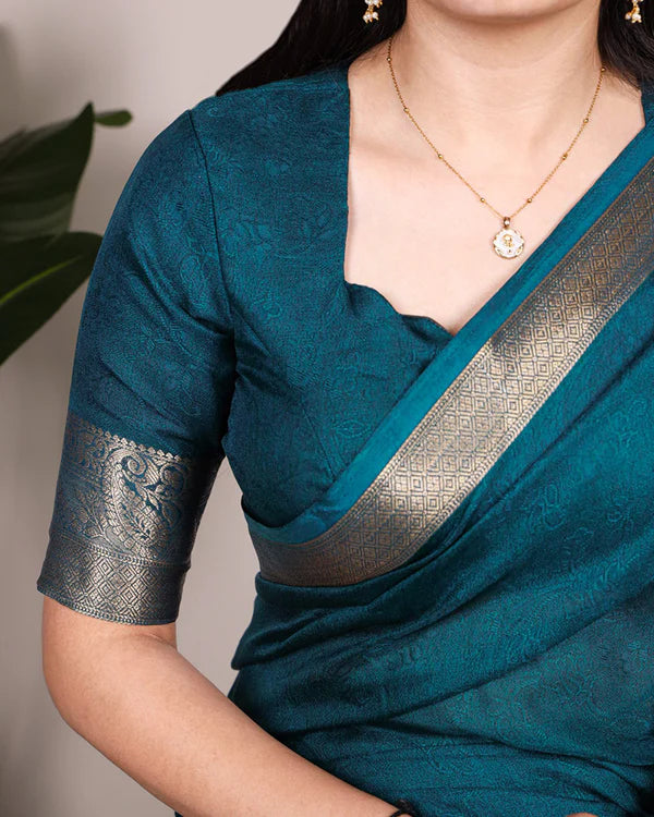 Womenline Teal Green Color Zari Weaving Mass Mello Saree