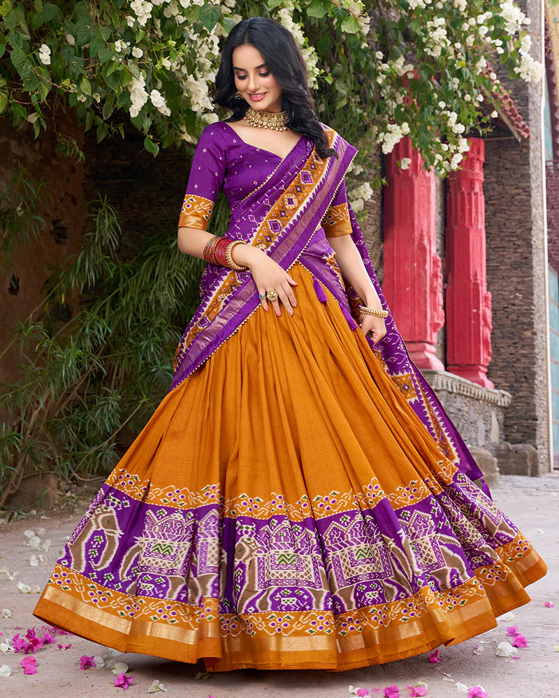 Womenline Designer Patola Printed Mustard Color Tussar Silk Lehenga Choli