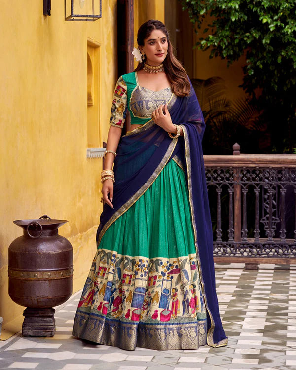 Womenline Bottle Green Color Poly Chanderi Printed Half Saree