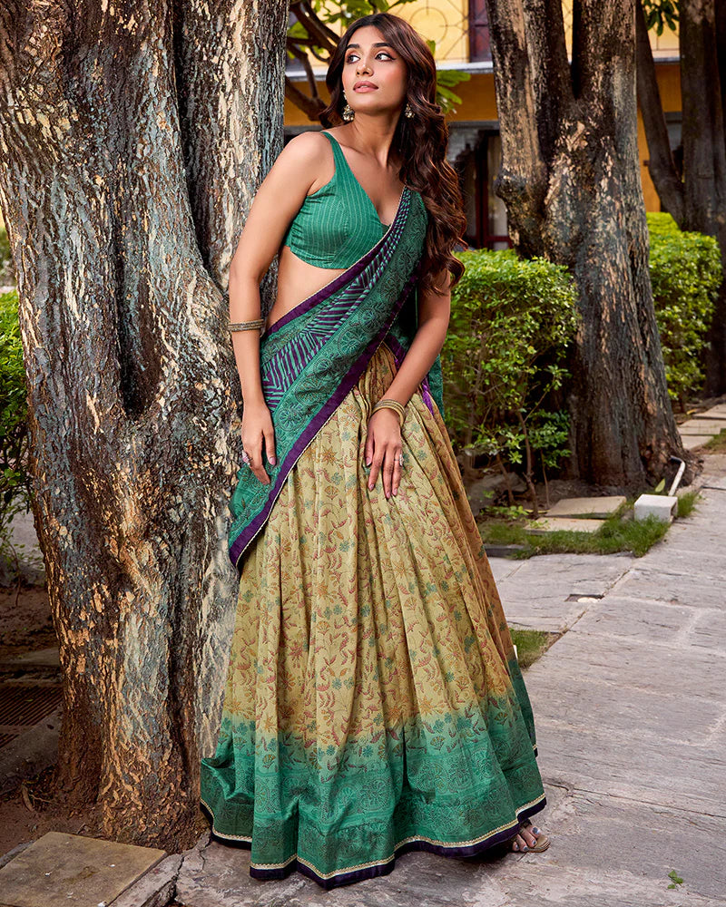 Womenline Firozi Color Vichitra Silk Printed Lehenga Choli