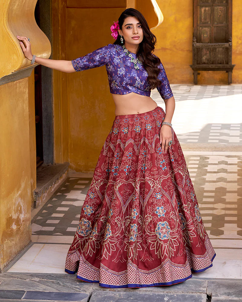 Womenline Maroon Color Vichitra Silk Printed And Embroidered Lehenga Choli