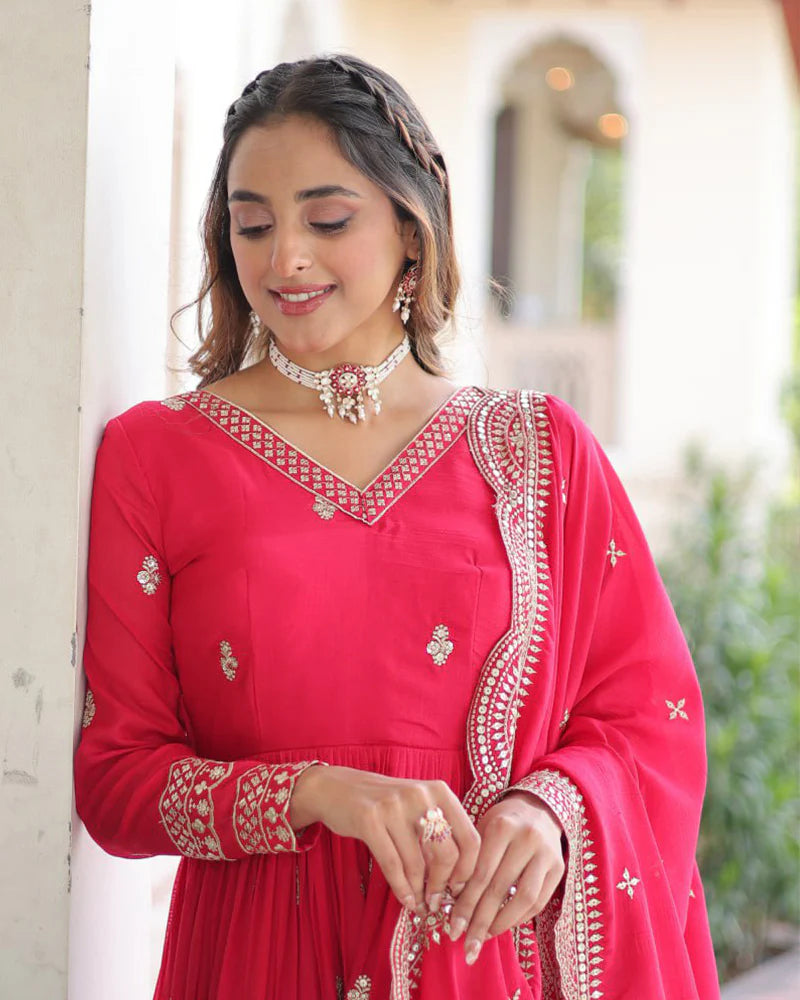 Womenline Bright Pink Vichitra Silk Sequence Embroidered Gown